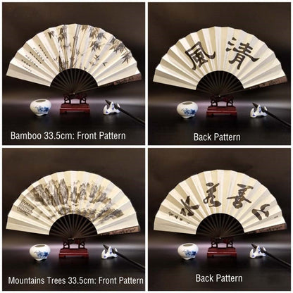 Buddha Stones Great Wall Mountains Trees Crane Bamboo Handheld Bamboo Folding Fan 33.5cm