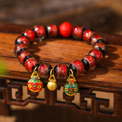 Buddha Stones Gold Swallowing Beast Family Colorful Cinnabar Bead Bracelet