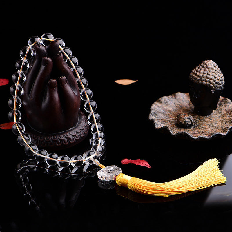 Buddha Stones Natural White Crystal Lotus Wrist Mala Meditation Tassels Pocket Mala Car Decoration