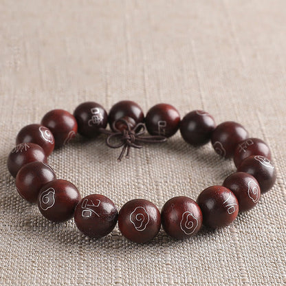 Buddha Stones 925 Sterling Silver Inlaid Small Leaf Red Sandalwood Om Mani Padme Hum Character Auspicious Clouds Protection Bracelet