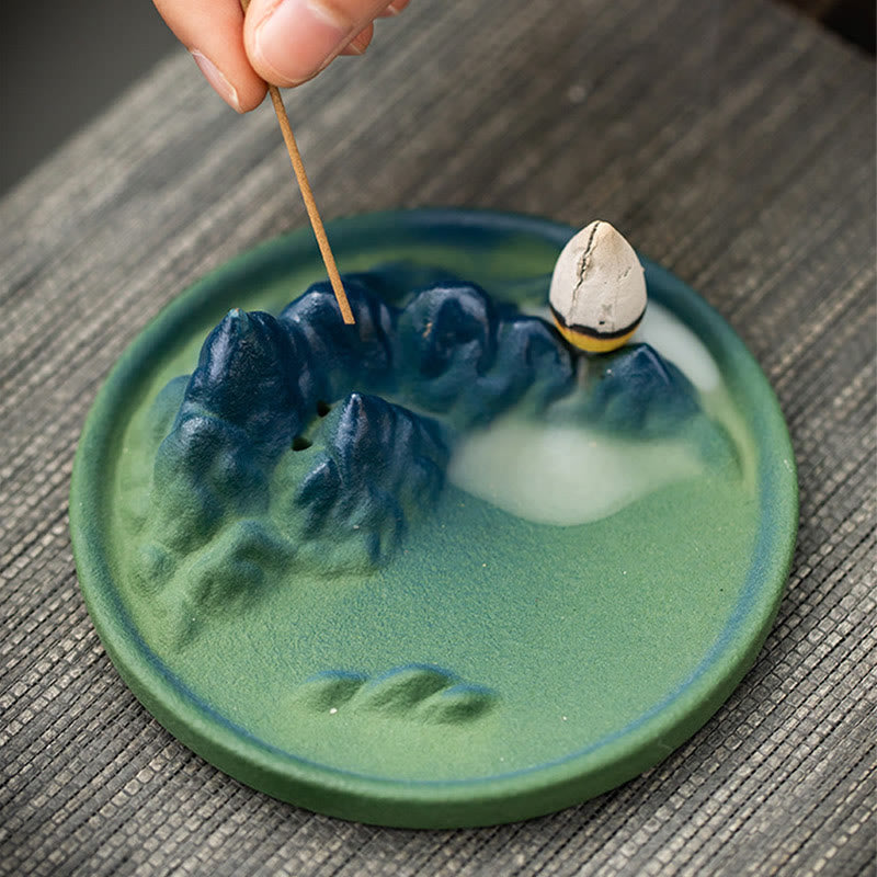 Buddha Stones Creative Mountain River Ceramic Healing Backflow Incense Burner