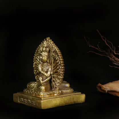 Buddha Stones Chenrezig Thousand-handed Avalokitesvara Figurine Double-sided Kuan Yin Bodhisattva Protection Solid Copper Statue Decoration