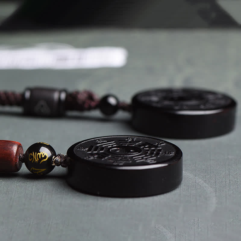 Buddha Stones Black Obsidian Bagua Yin Yang Strength Necklace Pendant