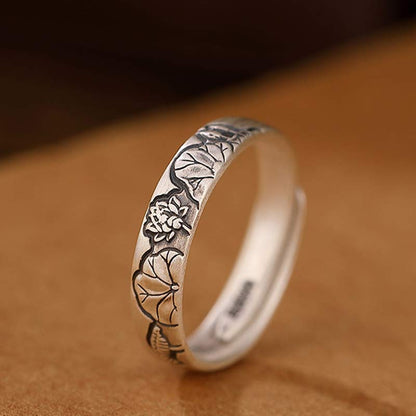 Buddha Stones 999 Sterling Silver Lotus Peony Flower Enlightenment Ring