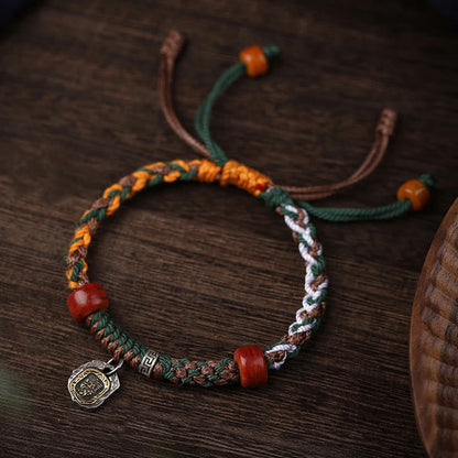 Buddha Stones Handmade Tibetan Silver 925 Sterling Silver Zakiram Goddess of Wealth Camel Bone Protection Braided Bracelet