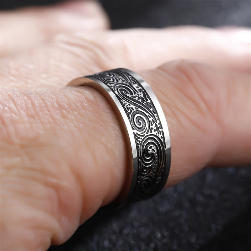 Buddha Stones Vintage Wave Auspicious Clouds Engraved Pattern Titanium Steel Balance Ring