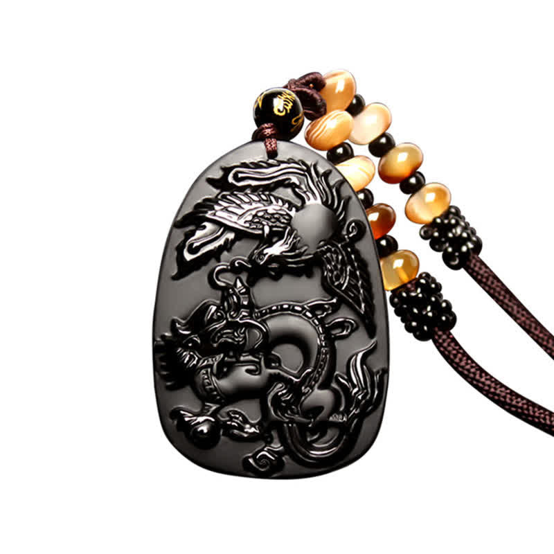 Buddha Stones Black Obsidian Tiger Eye Dragon Phoenix Protection Beaded Necklace Pendant