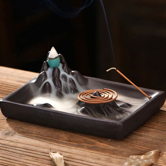 Buddha Stones Mountains Flowing Water Ceramic Blessing Backflow Incense Burner