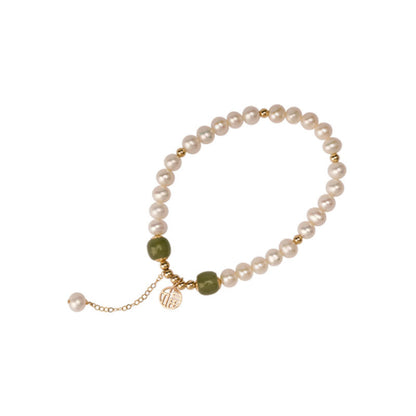 Buddha Stones Natural Pearl Hetian Jade Happiness Wisdom Bead Bracelet
