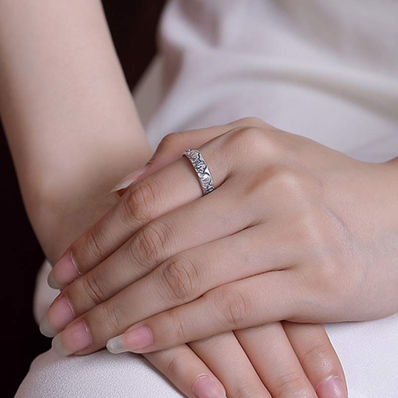 Buddha Stones 999 Sterling Silver Lotus Peony Flower Enlightenment Ring