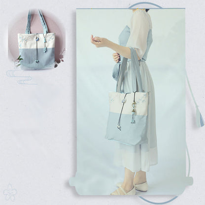 Buddha Stones Pear Flower Plum Peach Blossom Bamboo Embroidery Canvas Large Capacity Shoulder Bag Tote Bag