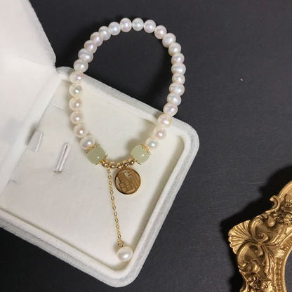 Buddha Stones Natural Pearl Hetian Jade Happiness Wisdom Bead Bracelet