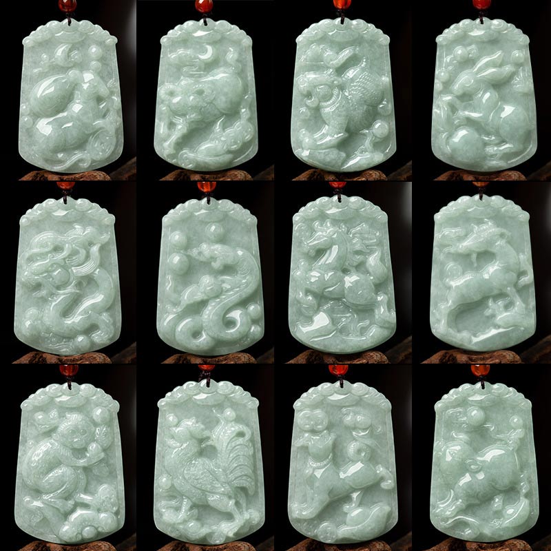 Buddha Stones Natural Jade 12 Chinese Zodiac Abundance Amulet Pendant Necklace