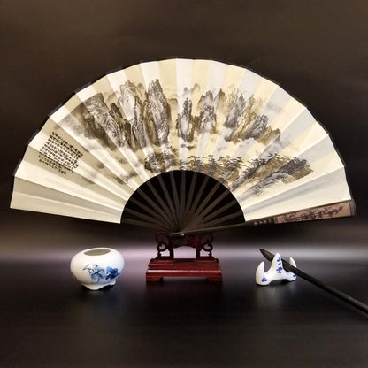 Buddha Stones Great Wall Mountains Trees Crane Bamboo Handheld Bamboo Folding Fan 33.5cm