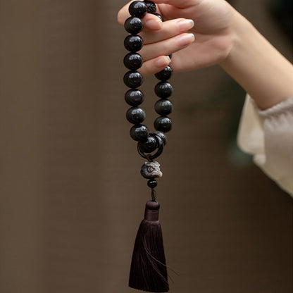 Buddha Stones Natural Silver Sheen Obsidian Black Obsidian Lion Wrist Mala Protection Tassels Pocket Mala Car Decoration
