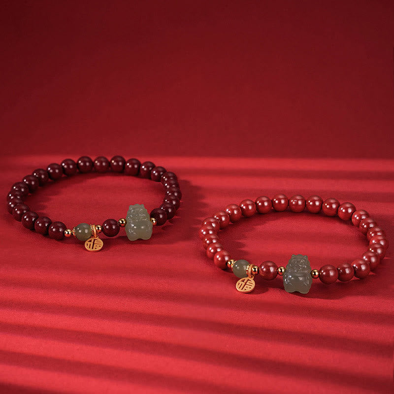 Buddha Stones 925 Sterling Silver Year of the Dragon Natural Cinnabar Hetian Jade Dragon Fu Character Ruyi As One Wishes Charm Blessing Bracelet (Extra 30% Off | USE CODE: FS30)