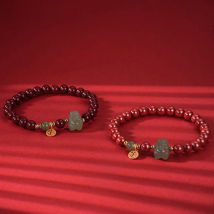 Buddha Stones 925 Sterling Silver Year of the Dragon Natural Cinnabar Hetian Jade Dragon Fu Character Ruyi As One Wishes Charm Blessing Bracelet (Extra 30% Off | USE CODE: FS30)
