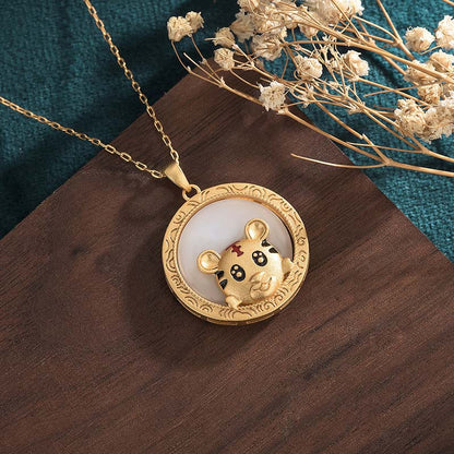 Buddha Stones White Jade Year of the Tiger Blessing Necklace