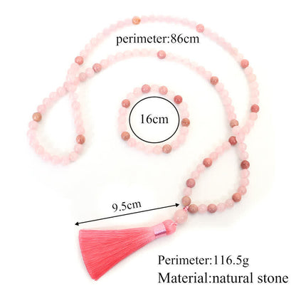Buddha Stones 108 Mala Beads Pink Crystal Love Tassel Bracelet