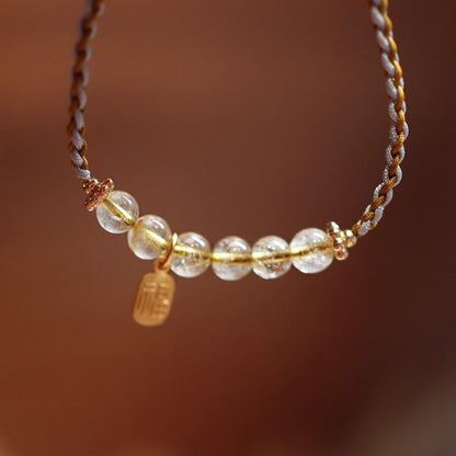 Buddha Stones 925 Sterling Silver Natural Jade Gourd Rutilated Quartz Fu Character Luck Braid Bracelet