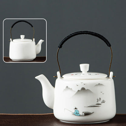 Buddha Stones Vintage Dragon Mountain Fisherman Landscape White Porcelain Ceramic Kung Fu Teapot