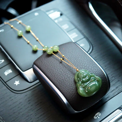 Buddha Stones Laughing Buddha Hetian Jade Luck Necklace Bead Chain Pendant