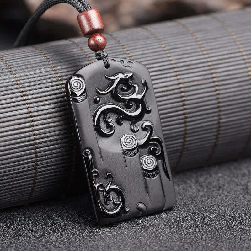 Buddha Stones Black Obsidian Dragon Phoenix Success Necklace Pendant