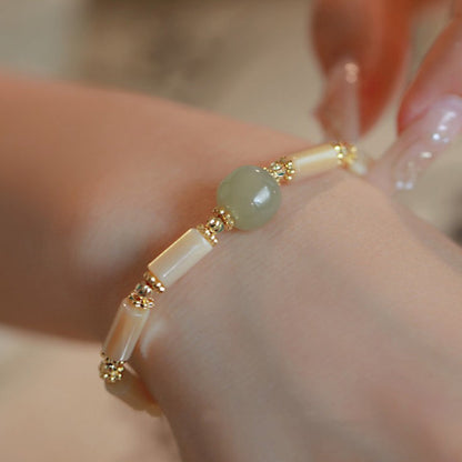 Buddha Stones 14K Gold Plated Tridacna Stone Hetian Jade Bead Bamboo Pattern Bracelet