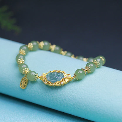 Buddha Stones 925 Sterling Silver Plated 14K Gold Hetian Jade Lotus Luck Bracelet