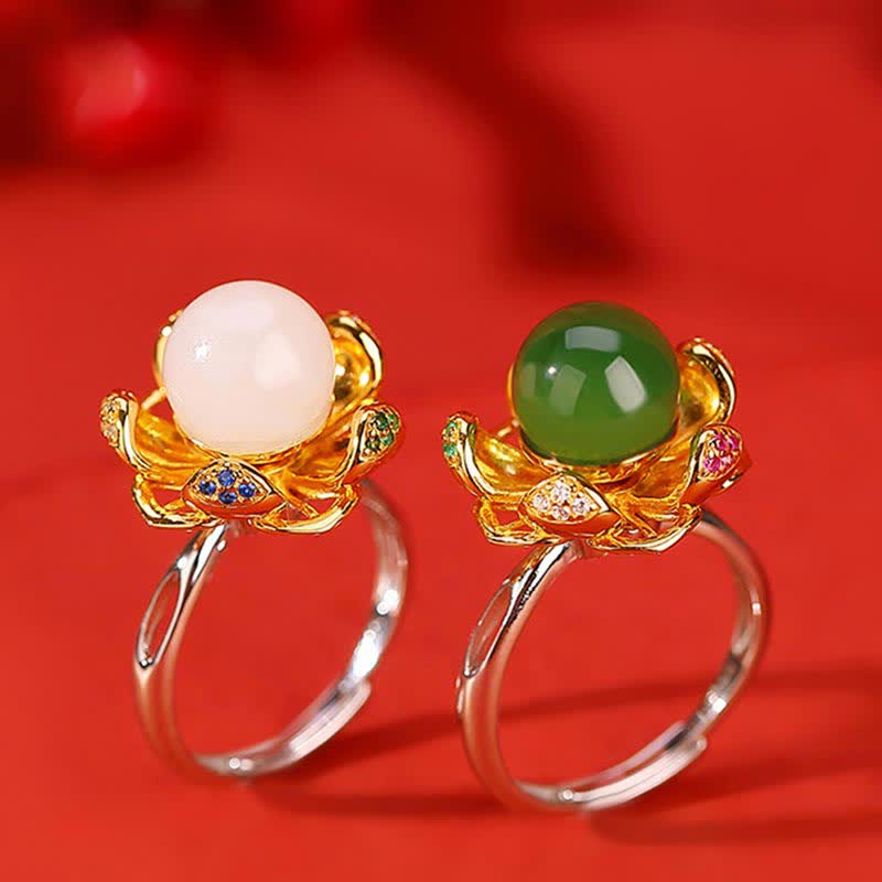 Buddha Stones 925 Sterling Silver White Jade Cyan Jade Lotus Flower Success Ring