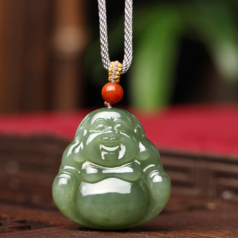 Buddha Stones Laughing Buddha Hetian Jade Abundance Necklace String Pendant
