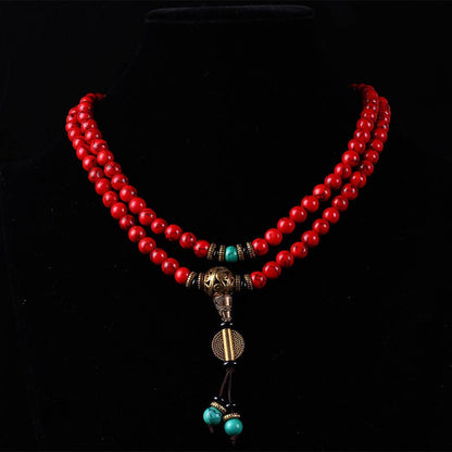 Buddha Stones Tibetan Mala Red Turquoise Lucky Necklace Bracelet