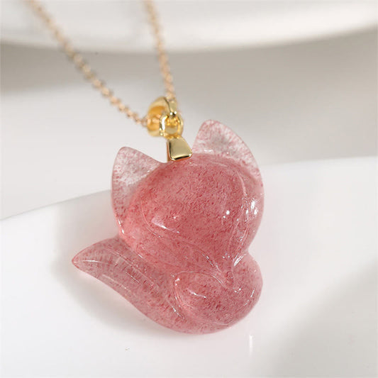 Buddha Stones 925 Sterling Silver Plated 14k Gold Strawberry Quartz Fox Healing Necklace Pendant
