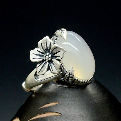 Buddha Stones 990 Sterling Silver Natural Chalcedony Plum Positive Harmony Ring