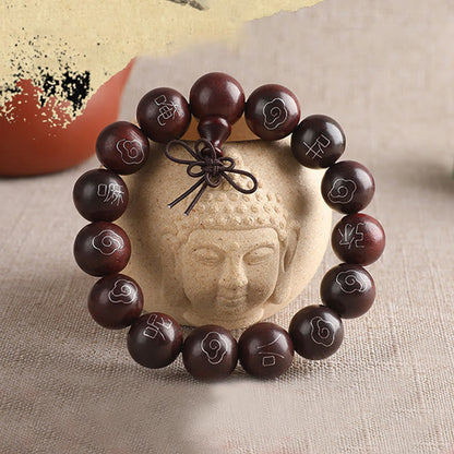 Buddha Stones 925 Sterling Silver Inlaid Small Leaf Red Sandalwood Om Mani Padme Hum Character Auspicious Clouds Protection Bracelet