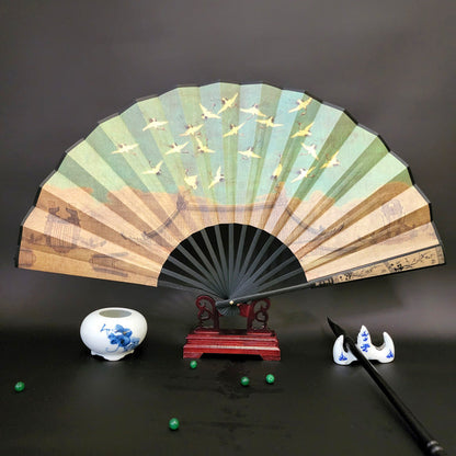 Buddha Stones Great Wall Mountains Trees Crane Bamboo Handheld Bamboo Folding Fan 33.5cm