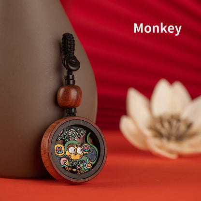 Buddha Stones Year Of The Dragon Hand Painted Chinese Zodiac Rosewood Carved Calm Key Chain