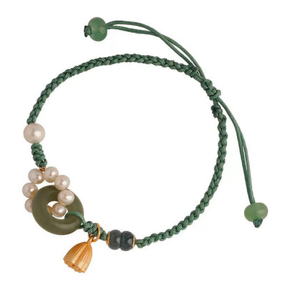 Buddha Stones Natural Hetian Jade Peace Buckle Pearl Luck Handcrafted Braided Bracelet