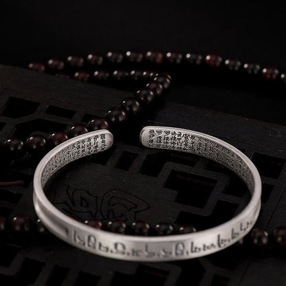 Buddha Stones 999 Sterling Silver Six True Words Heart Sutra Protection Bracelet Bangle