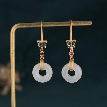 Buddha Stones FengShui White Jade Butterfly Fortune Earrings