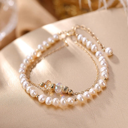 Buddha Stones 925 Sterling Silver Plated 14k Gold Natural Pearl Crystal Healing Double Layer Bracelet