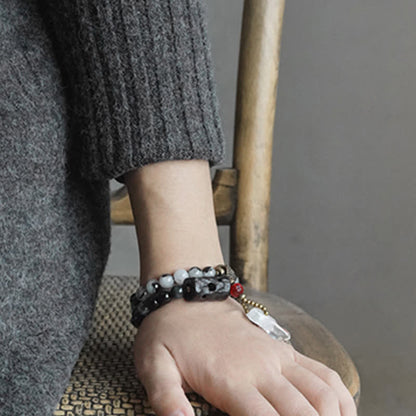 Buddha Stones Black Rutilated Quartz Ebony Wood White Crystal Success Couple Bracelet