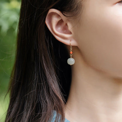 Buddha Stones 925 Sterling Silver Plated 14k Gold Hetian Jade Red Agate Luck Drop Dangle Earrings