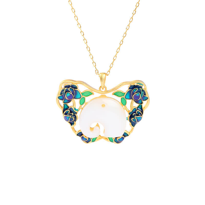 Buddha Stones White Jade Elephant Butterfly Lotus Success Necklace Chain Pendant