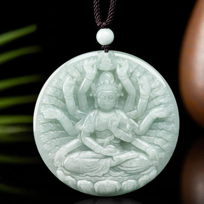 Buddha Stones Thousand-Hand Kwan Yin Avalokitesvara Jade Blessing String Necklace Pendant