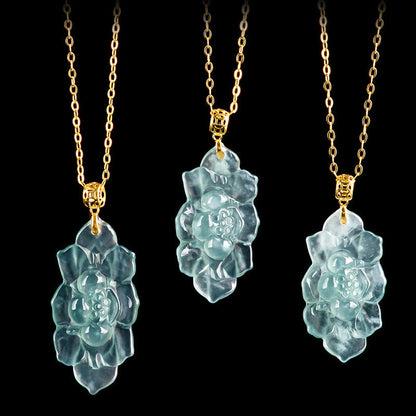 Buddha Stones 925 Sterling Silver Chain 18K Gold Buckle Natural Jade Lotus Pattern Prosperity Necklace Pendant