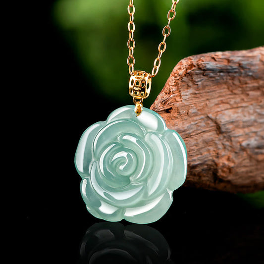 Buddha Stones 18K Gold Buckle 925 Sterling Silver Chain Natural Jade Rose Luck Necklace Pendant