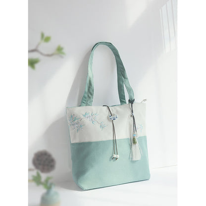 Buddha Stones Pear Flower Plum Peach Blossom Bamboo Embroidery Canvas Large Capacity Shoulder Bag Tote Bag