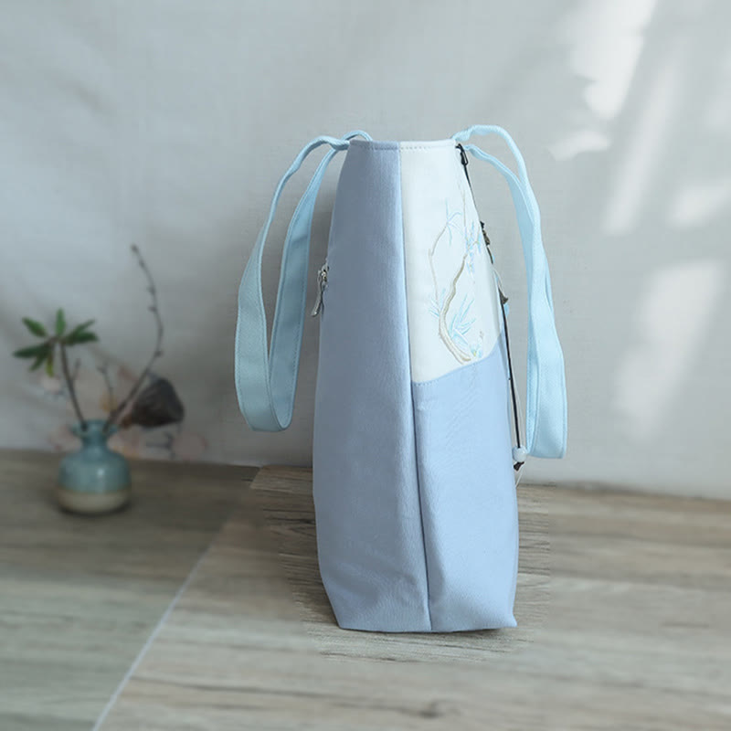Buddha Stones Pear Flower Plum Peach Blossom Bamboo Embroidery Canvas Large Capacity Shoulder Bag Tote Bag