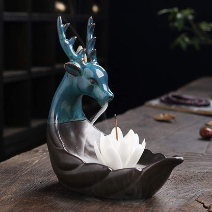 Buddha Stones Little Deer Ceramic Lotus Meditation Incense Burner Decoration